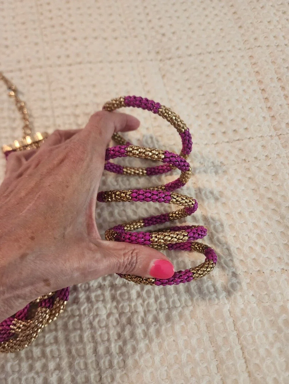 Gold and Fuchsia Braided Statement Necklace and Coil Bracelet Set